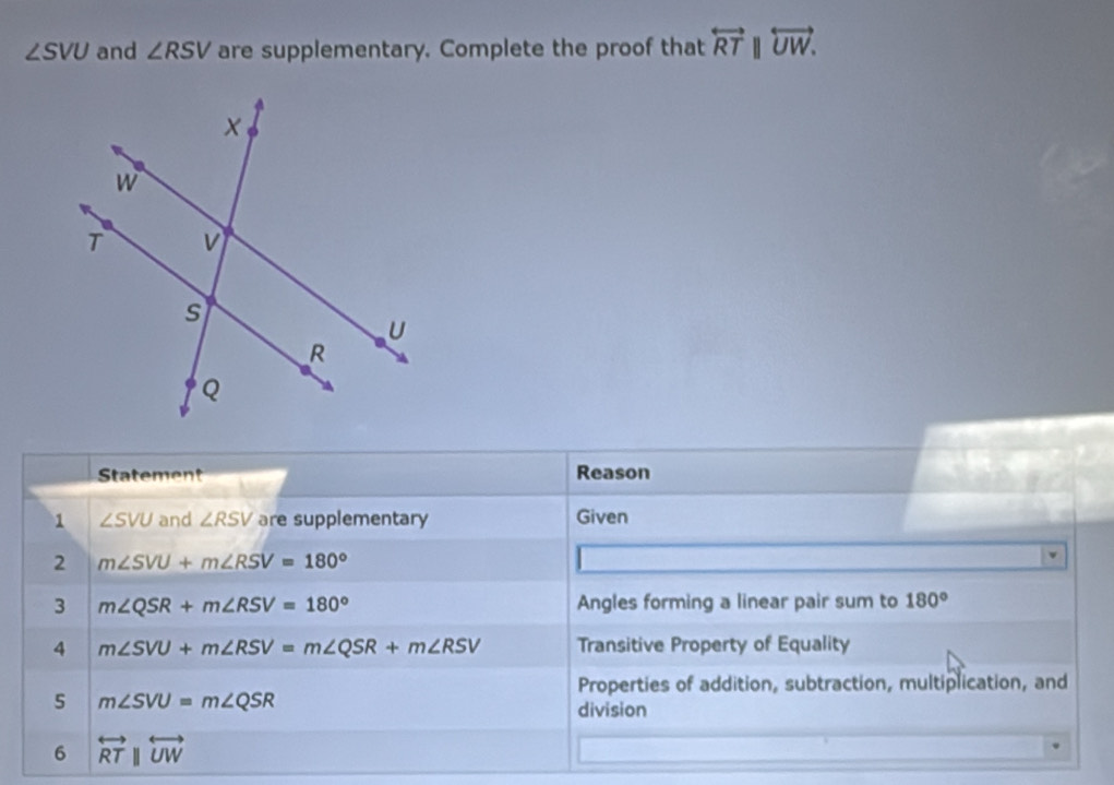 ∠ SVU and ∠ RSV are supplementary. Complete the proof that overleftrightarrow RTparallel overleftrightarrow UW. 
Statement Reason 
1 ∠ SVU and ∠ RSV are supplementary Given 
2 m∠ SVU+m∠ RSV=180°
3 m∠ QSR+m∠ RSV=180° Angles forming a linear pair sum to 180°
4 m∠ SVU+m∠ RSV=m∠ QSR+m∠ RSV Transitive Property of Equality 
Properties of addition, subtraction, multiplication, and 
5 m∠ SVU=m∠ QSR division 
6 overleftrightarrow RTparallel overleftrightarrow UW