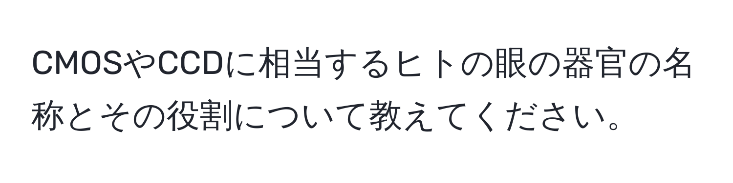 CMOSやCCDに相当するヒトの眼の器官の名称とその役割について教えてください。