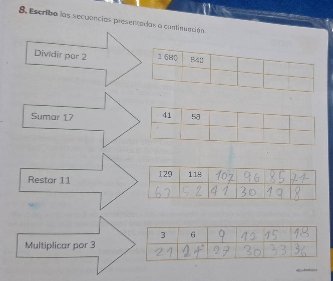 Escribo las secuencias presentadas a continuación. 
Dividir por 2
Sumar 17
Restar 11
Multiplicar por 3
9.civ2zrb