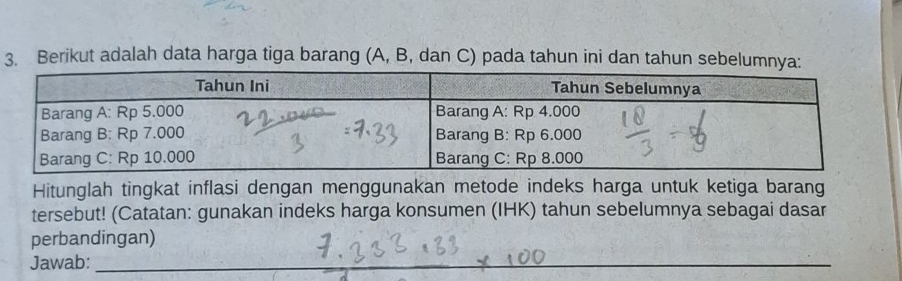 Berikut adalah data harga tiga barang (A, B, dan C) pada tahun ini dan tahun sebelumnya: 
Hitunglah tingkat inflasi dengan menggunakan metode indeks harga untuk ketiga barang 
tersebut! (Catatan: gunakan indeks harga konsumen (IHK) tahun sebelumnya sebagai dasar 
perbandingan) 
Jawab:_ 
_ 
_ 
_