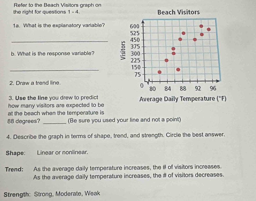 Refer to the Beach Visitors graph on
the right for questions 1 - 4. Beach Visitors
1a. What is the explanatory variable? 600
525
_
450
375
b. What is the response variable? 300
225
_
150
75
2. Draw a trend line.
0 84 88 92 96
80
3. Use the line you drew to predict Average Daily Temperature (^circ F)
how many visitors are expected to be
at the beach when the temperature is
88 degrees? _(Be sure you used your line and not a point)
4. Describe the graph in terms of shape, trend, and strength. Circle the best answer.
Shape: Linear or nonlinear.
Trend: As the average daily temperature increases, the # of visitors increases.
As the average daily temperature increases, the # of visitors decreases.
Strength: Strong, Moderate, Weak