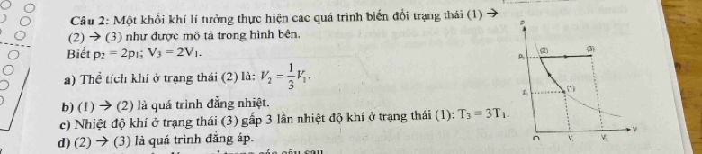 Một khối khí lí tưởng thực hiện các quá trình biến đổi trạng thái (1)
(2) → (3) như được mô tả trong hình bên.
Biết p_2=2p_1;V_3=2V_1.
a) Thể tích khí ở trạng thái (2) là: V_2= 1/3 V_1.
b) (1) → (2) là quá trình đẳng nhiệt.
c) Nhiệt độ khí ở trạng thái (3) gấp 3 lần nhiệt độ khí ở trạng thái (1): T_3=3T_1.
d) (2) → (3) là quá trình đẳng áp.