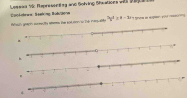 Lesson 16: Representing and Solving Situations with Inequalties 
Cool-down: Seeking Solutions 
Which graph correctly shows the solution to the inequality  (7x-3)/9 ≥ 8-2x ? Show or explain your reasoning.