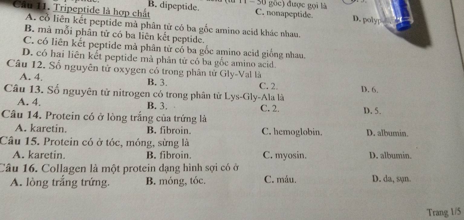 gốc) được gọi là
Câu 11. Tripeptide là hợp chất
B. dipeptide. C. nonapeptide. D. polyp
A. có liên kết peptide mà phân tử có ba gốc amino acid khác nhau.
B. mà mỗi phân tử có ba liên kết peptide.
C. có liên kết peptide mà phân tử có ba gốc amino acid giống nhau.
D. có hai liên kết peptide mà phân tử có ba gốc amino acid.
Câu 12. Số nguyên tử oxygen có trong phân tử Gly-Val là
A. 4. B. 3. C. 2. D. 6.
Câu 13. Số nguyên tử nitrogen có trong phân tử Lys-Gly-Ala là
A. 4. B. 3. C. 2. D. 5.
Câu 14. Protein có ở lòng trắng của trứng là
A. karetin. B. fibroin. C. hemoglobin. D. albumín.
Câu 15. Protein có ở tóc, móng, sừng là
A. karetin. B. fibroin. C. myosin. D. albumin.
Câu 16. Collagen là một protein dạng hình sợi có ở
A. lòng trắng trứng. B. móng, tóc.
C. máu. D. da, sụn.
Trang 1/5