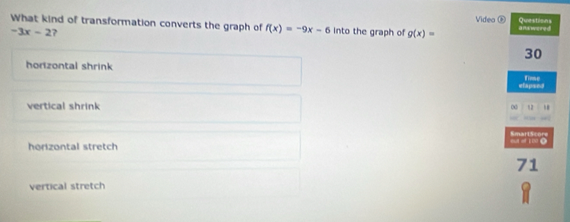 Video ⑥
What kind of transformation converts the graph of f(x)=-9x-6 into the graph of g(x)= answered Questions
-3x-2 ?
30
horizontal shrink
Time
elapsed
vertical shrink 00 12 10
SmartScore
horizontal stretch eut of 120 O
71
vertical stretch