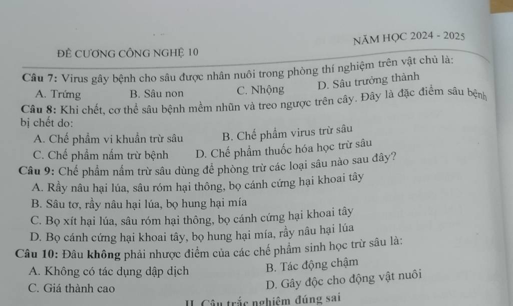 NăM HQC 2024 - 2025
ĐÊ CƯƠNG CÔNG NGHỆ 10
Câu 7: Virus gây bệnh cho sâu được nhân nuôi trong phòng thí nghiệm trên vật chủ là:
D. Sâu trưởng thành
A. Trứng B. Sâu non C. Nhộng
Câu 8: Khi chết, cơ thể sâu bệnh mềm nhũn và treo ngược trên cây. Đây là đặc điểm sâu bệnh
bị chết do:
A. Chế phẩm vi khuẩn trừ sâu B. Chế phẩm virus trừ sâu
C. Chế phẩm nấm trừ bệnh D. Chế phẩm thuốc hóa học trừ sâu
Câu 9: Chế phẩm nấm trừ sâu dùng để phòng trừ các loại sâu nào sau đây?
A. Rầy nâu hại lúa, sâu róm hại thông, bọ cánh cứng hại khoai tây
B. Sâu tơ, rầy nâu hại lúa, bọ hung hại mía
C. Bọ xít hại lúa, sâu róm hại thông, bọ cánh cứng hại khoai tây
D. Bọ cánh cứng hại khoai tây, bọ hung hại mía, rầy nâu hại lúa
Câu 10: Đâu không phải nhược điểm của các chế phẩm sinh học trừ sâu là:
A. Không có tác dụng dập dịch
B. Tác động chậm
C. Giá thành cao
D. Gây độc cho động vật nuôi
I Câu trắc nghiêm đúng sai