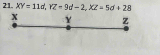 XY=11d, YZ=9d-2, XZ=5d+28