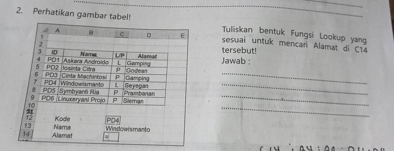 Perhatikan gambar tabel! 
_ 
Tuliskan bentuk Fungsi Lookup yang 
sesuai untuk mencari Alamat di C14
tersebut! 
Jawab : 
_ 
_ 
_ 
_