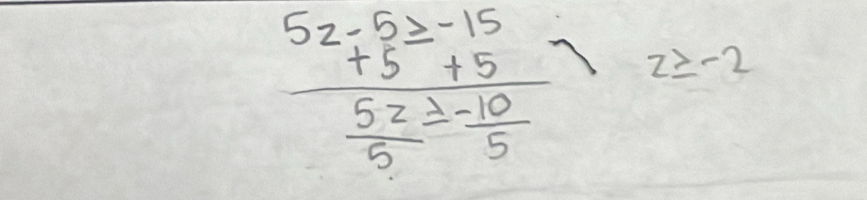 beginarrayr 5z-5≥ -15 5z/5 - 10/5  1 z≥ -2.
