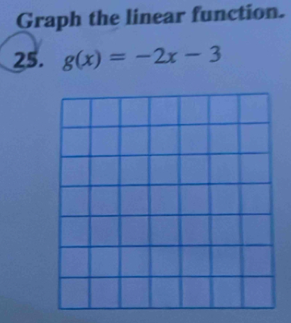 Graph the linear function. 
25. g(x)=-2x-3