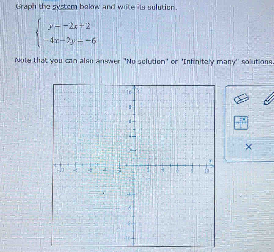 Graph the system below and write its solution.
beginarrayl y=-2x+2 -4x-2y=-6endarray.
Note that you can also answer "No solution" or "Infinitely many" solutions.
=□
X