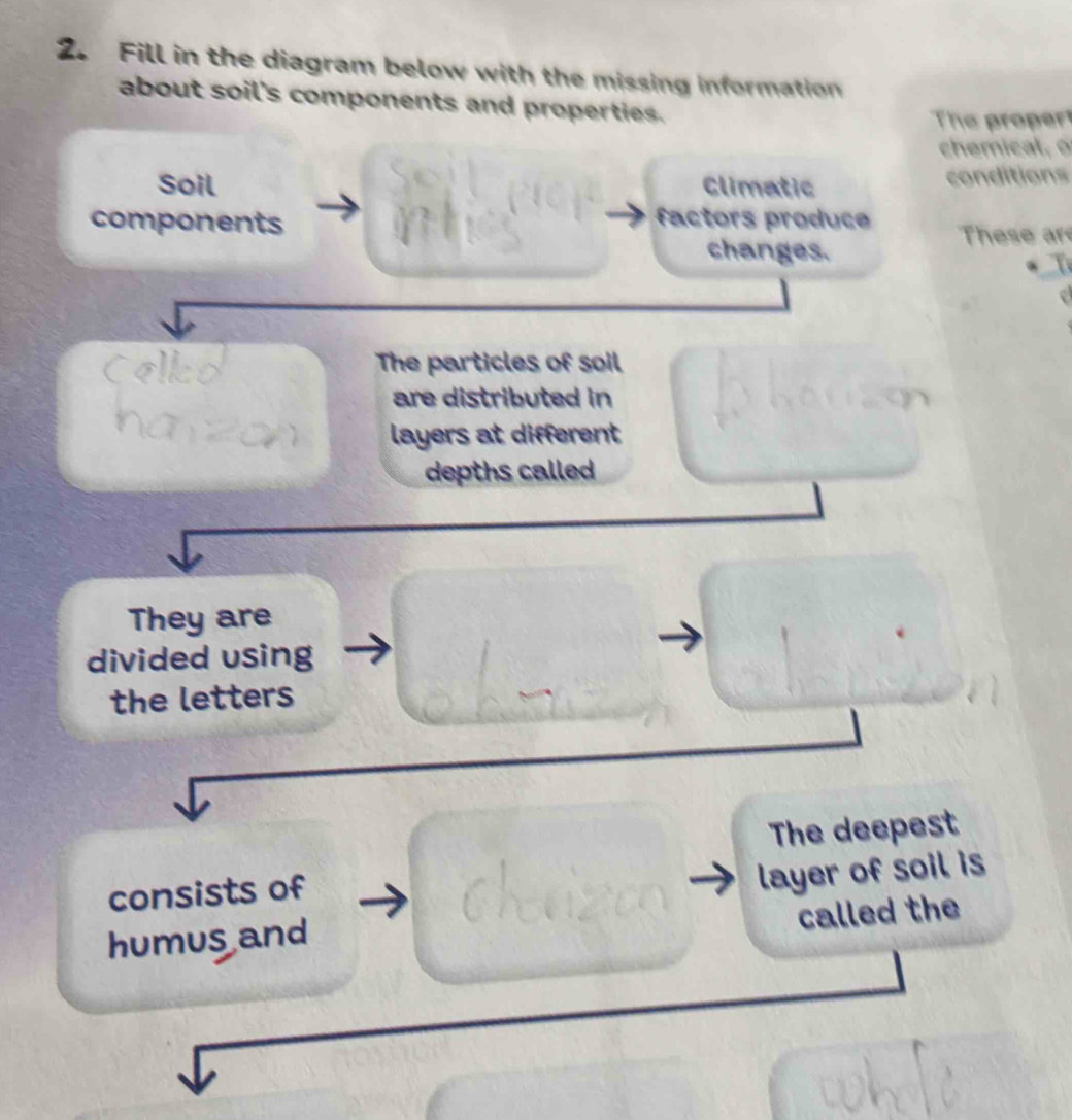 Fill in the diagram below with the missing information 
about soil's components and properties. 
The proper 
chemical , o 
Soil Climatic conditions 
components factors produce 
These are 
changes. 
Colko The particles of soil 
are distributed in 
uzo layers at different 
depths called 
They are 
divided using 
the letters 
The deepest 
consists of 
layer of soil is 
called the 
humus and