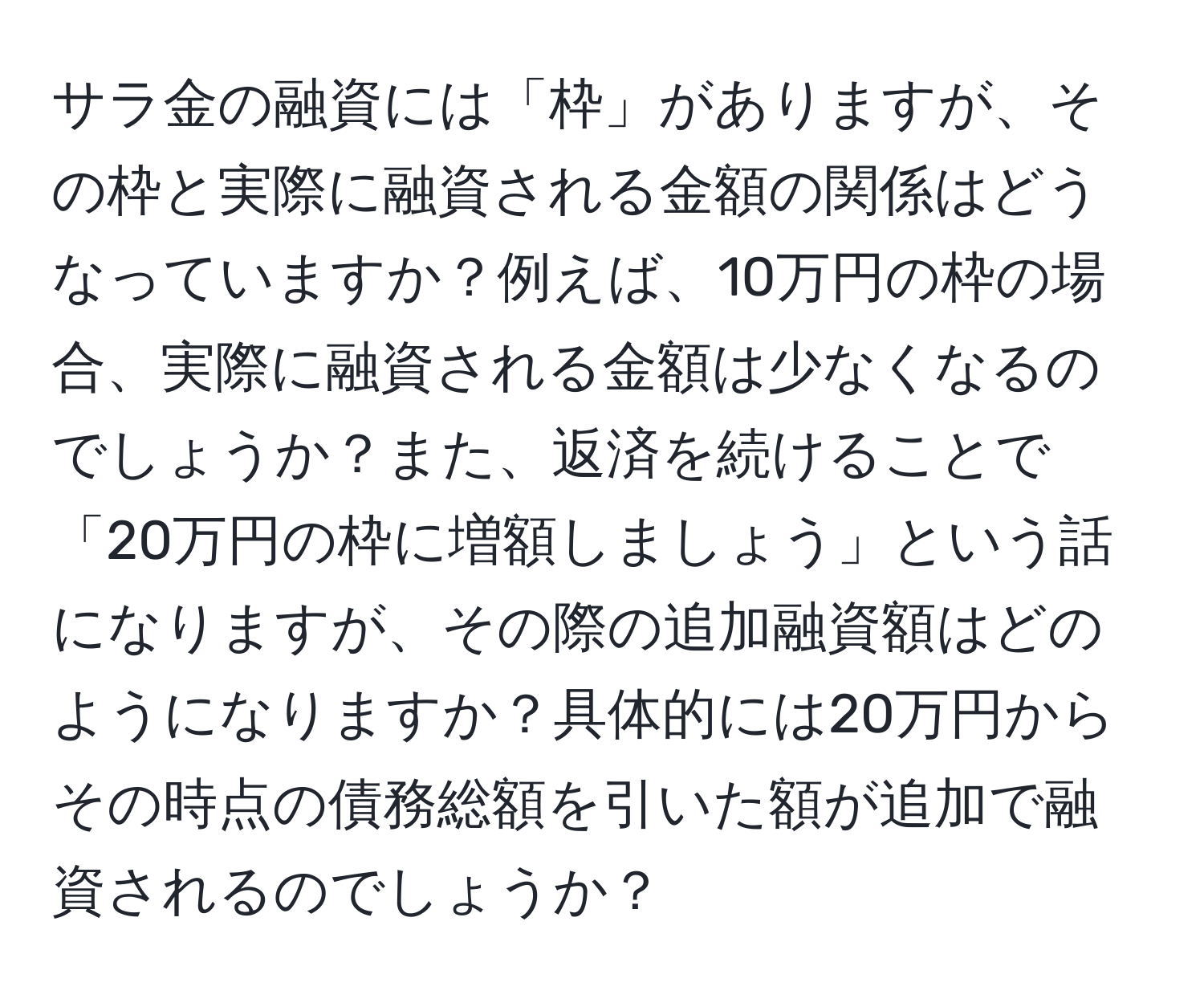 サラ金の融資には「枠」がありますが、その枠と実際に融資される金額の関係はどうなっていますか？例えば、10万円の枠の場合、実際に融資される金額は少なくなるのでしょうか？また、返済を続けることで「20万円の枠に増額しましょう」という話になりますが、その際の追加融資額はどのようになりますか？具体的には20万円からその時点の債務総額を引いた額が追加で融資されるのでしょうか？