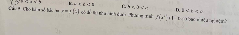 0 B. a C. b<0<a D. 0
Câu 5. Cho hàm số bậc ba y=f(x) có đồ thị như hình dưới. Phương trình f(x^2)+1=0 có bao nhiêu nghiệm?