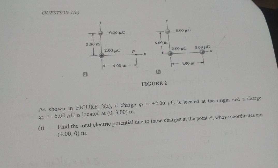 QUESTION 1(b) 

FIGURE 2 
As shown in FIGURE 2(a) , a charge q_1=+2.00mu C is located at the origin and a charge .
q_2=-6.00mu C is located at (0,3.00)m. 
(i) Find the total electric potential due to these charges at the point P, whose coordinates are
(4.00,0)m.