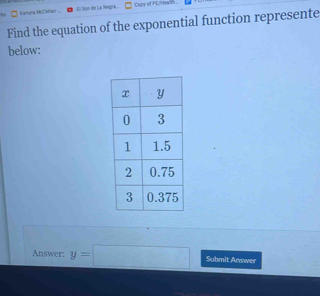 Kamyra McClellan - -El Son de La Negra... Copy of PE/Health. 
Find the equation of the exponential function represente 
below: 
Answer: y=□ Submit Answer