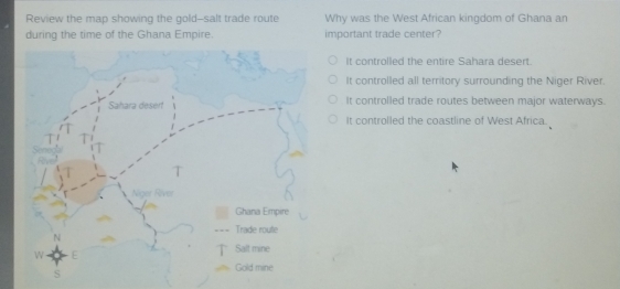 Solved: Review the map showing the gold--salt trade route Why was the ...