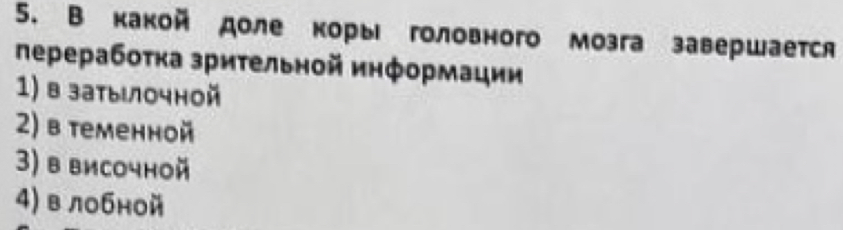 В какой доле коры головного мозга завершается
лерерабоτка зрительной информации
1) в затыιлочной
2) в теменной
3) в височной
4) влобной