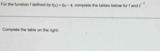 For the function f defined by f(x)=5x-4 , complete the tables below for f and f^(-1). 
Complete the table on the right: