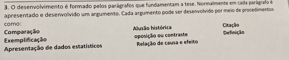 desenvolvimento é formado pelos parágrafos que fundamentam a tese. Normalmente em cada parágrafo é
apresentado e desenvolvido um argumento. Cada argumento pode ser desenvolvido por meio de procedimentos
como:
Comparação Alusão histórica Citação
Exemplificação oposição ou contraste Definição
Apresentação de dados estatísticos Relação de causa e efeito