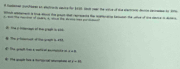 Cualamer purcheses an electronic device for $650. Eath year the volue of the electronic deine decreasss on 2096.
bthich ststament is true ebout the grach that represents the reiationatop batween the velve of the device in dofers.
y. aon the nenne of yuas, a, snce the seone was purchases?
The y -intersept of the graph in 230.
⑥ The y -ittacoupt of the gragh in 4h5.
€: The graght hes a vertical saumytaite at x=0,
④ The gragh has a hafcenta ecomplate of r=30