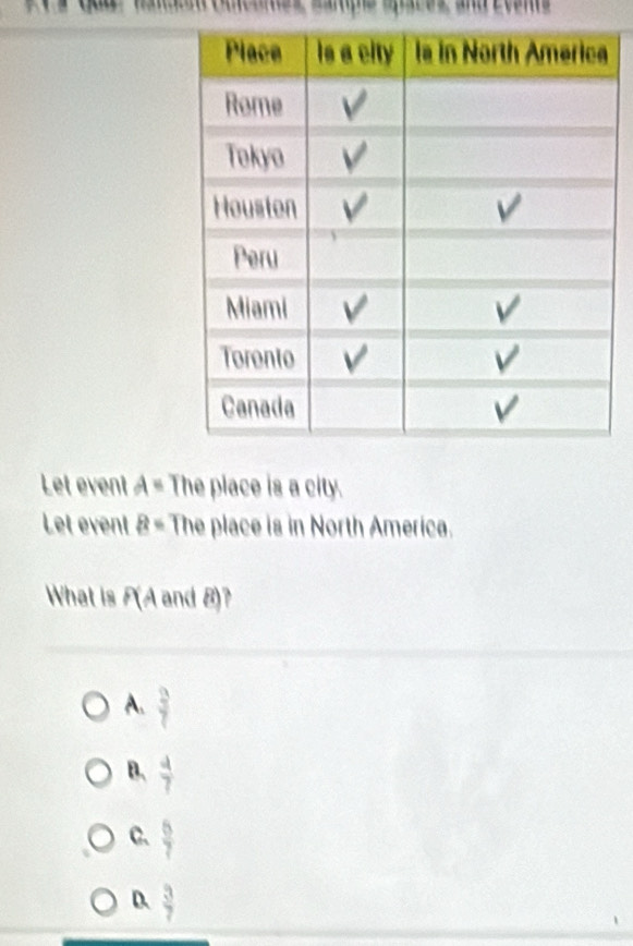 Cmcunes sartips épacez and Even 
Let event A= The place is a city.
Let event a= The place is in North America.
What is F(A and B)?
A.  2/7 
B.  4/7 
C.  6/7 
D.  3/7 