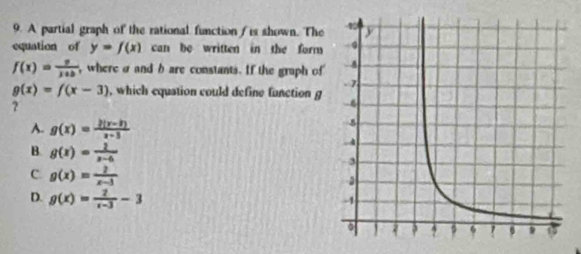 A partial graph of the rational function / is shown. The
equation of y=f(x) can be written in the form
f(x)= 2/x+b  , where σ and b are constants. If the graph of
g(x)=f(x-3) , which equation could define function g
?
A. g(x)= (2(x-3))/x-3 
B. g(x)= 2/x-6 
c g(x)= 2/x-3 
D. g(x)= 2/x-3 -3