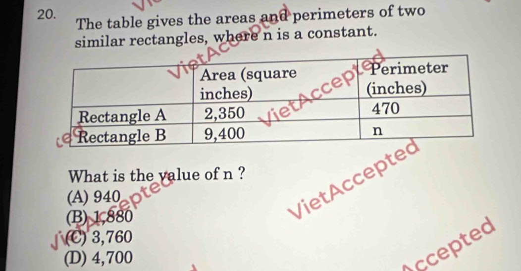 The table gives the areas and perimeters of two
similar rectangles, where n is a constant.
What is the value of n ?
(A) 940
(B) 1,880
Viet Accepte
(C) 3,760
(D) 4,700
Accepted