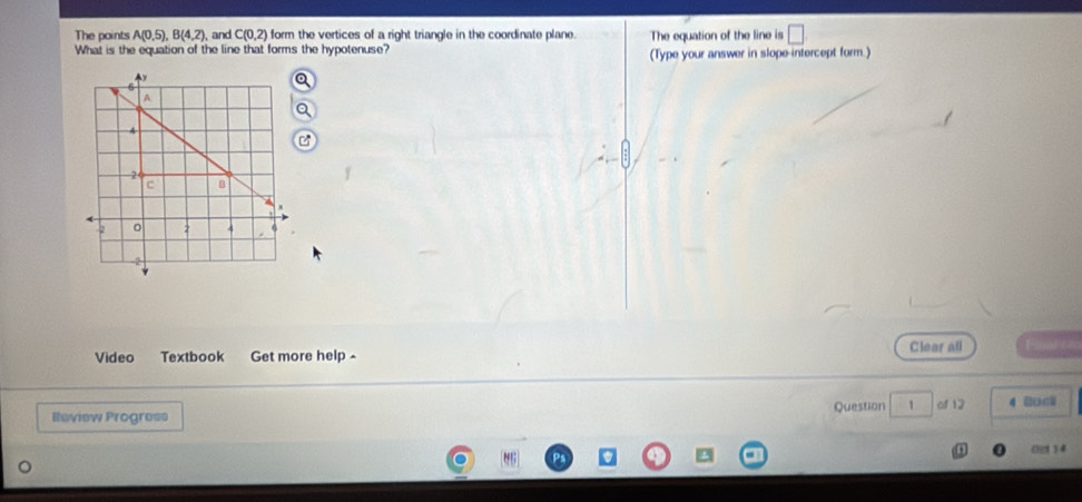 The points A(0,5), B(4,2) , and C(0,2) form the vertices of a right triangle in the coordinate plane. 
What is the equation of the line that forms the hypotenuse? The equation of the line is □ 
(Type your answer in slope intercept form.) 
Video Textbook Get more help- Clear all 
Review Progress Question 1 o 12 4 Bucl 
()(1 ) 4