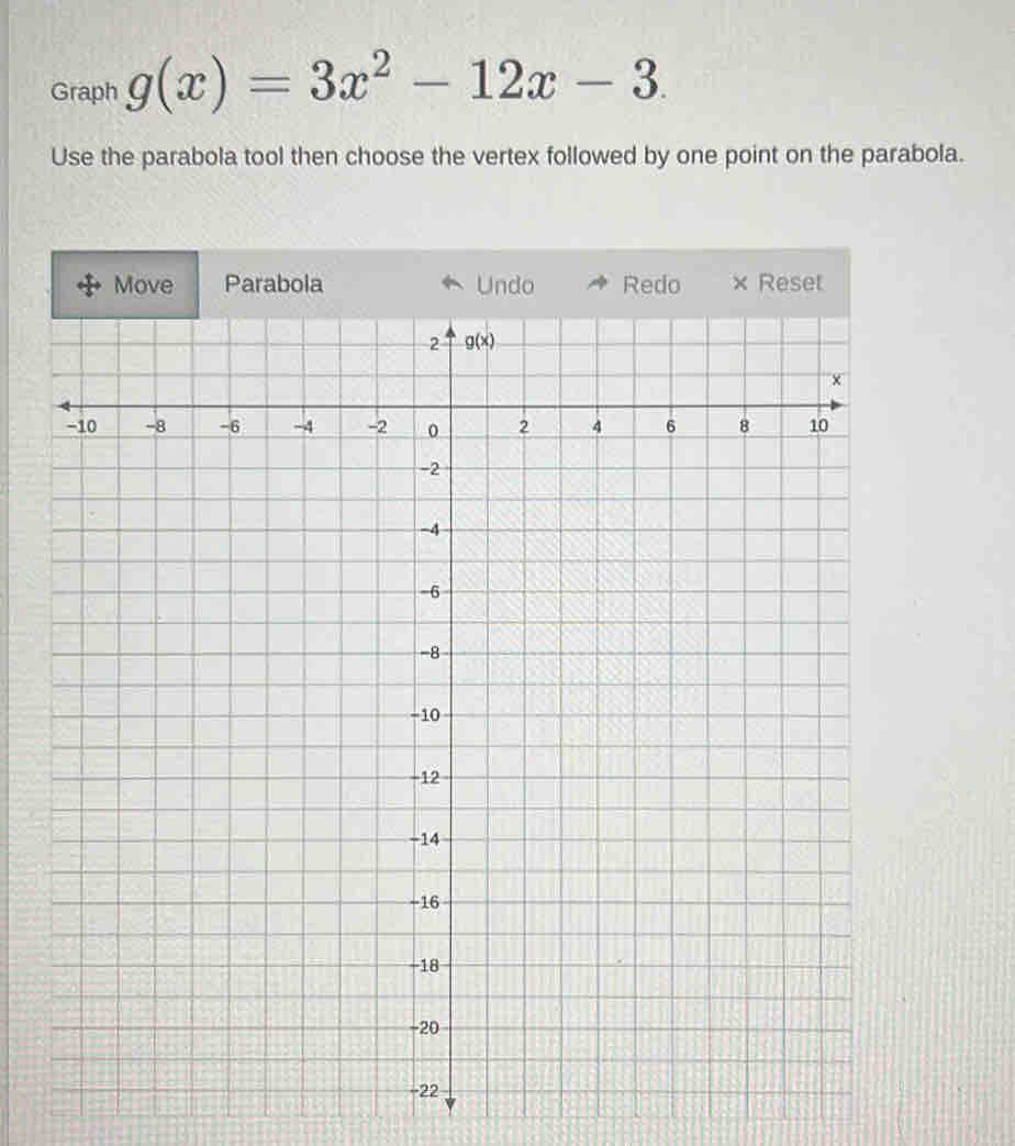 Graph g(x)=3x^2-12x-3.
Use the parabola tool then choose the vertex followed by one point on the parabola.