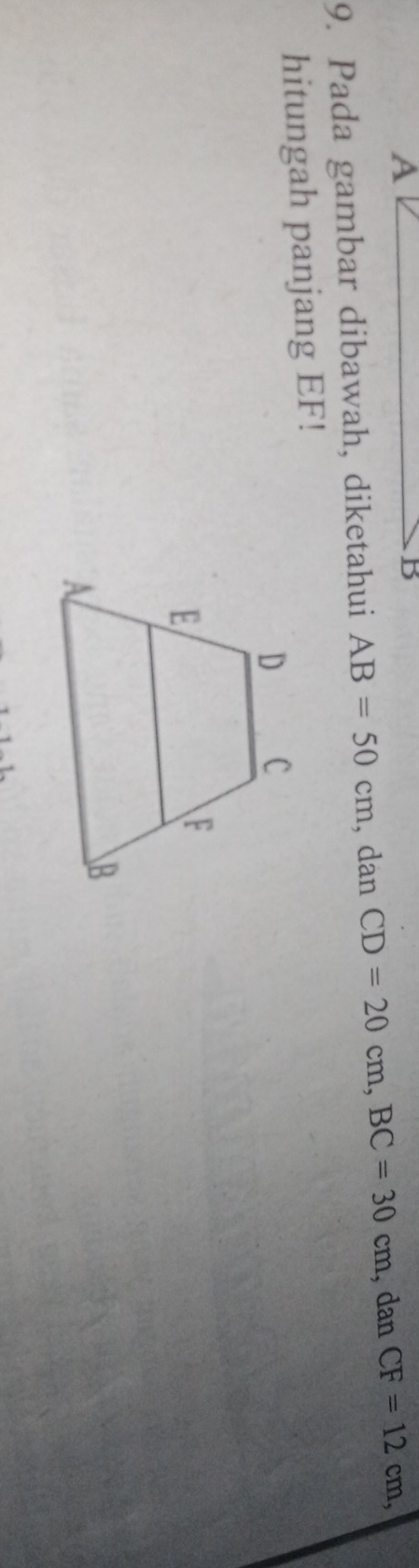 A
B
9. Pada gambar dibawah, diketahui AB=50cm , dan CD=20cm, BC=30cm, danCF=12cm, 
hitungah panjang EF!