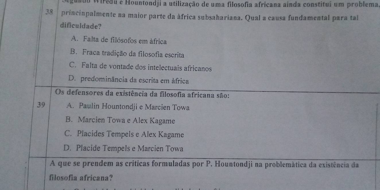 Segundo Wiredu e Hountondji a utilização de uma filosofia africana ainda constitui um problema
38 princinpalmente na maior parte da àfrica subsahariana. Qual a causa fundamental para tal
dificuldade?
A. Falta de filósofos em áfrica
B. Fraca tradição da filosofia escrita
C. Falta de vontade dos intelectuais africanos
D. predominância da escrita em áfrica
Os defensores da existência da filosofia africana são:
39 A. Paulin Hountondji e Marcien Towa
B. Marcien Towa e Alex Kagame
C. Placides Tempels e Alex Kagame
D. Placide Tempels e Marcien Towa
A que se prendem as críticas formuladas por P. Hountondji na problemàtica da existência da
filosofia africana?