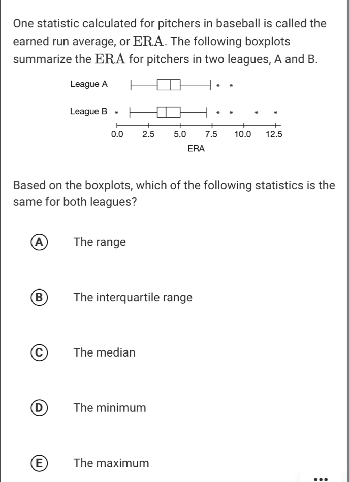 One statistic calculated for pitchers in baseball is called the
earned run average, or ERA. The following boxplots
summarize the ERA for pitchers in two leagues, A and B.
League A
League 
ERA
Based on the boxplots, which of the following statistics is the
same for both leagues?
The range
The interquartile range
The median
The minimum
The maximum