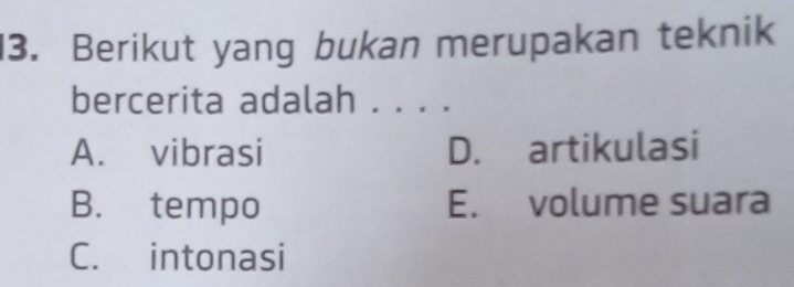 Berikut yang bukan merupakan teknik
bercerita adalah . . . .
A. vibrasi D. artikulasi
B. tempo E. volume suara
C. intonasi