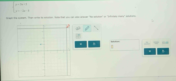 beginarrayl y=3x+5 y=-2x-5endarray.
Graph the system. Then write its solution. Note that you can also answer "No solution" or "Infinitely many" solutions.
 7°/1 
Solution:
5

(□,□) 
× 5