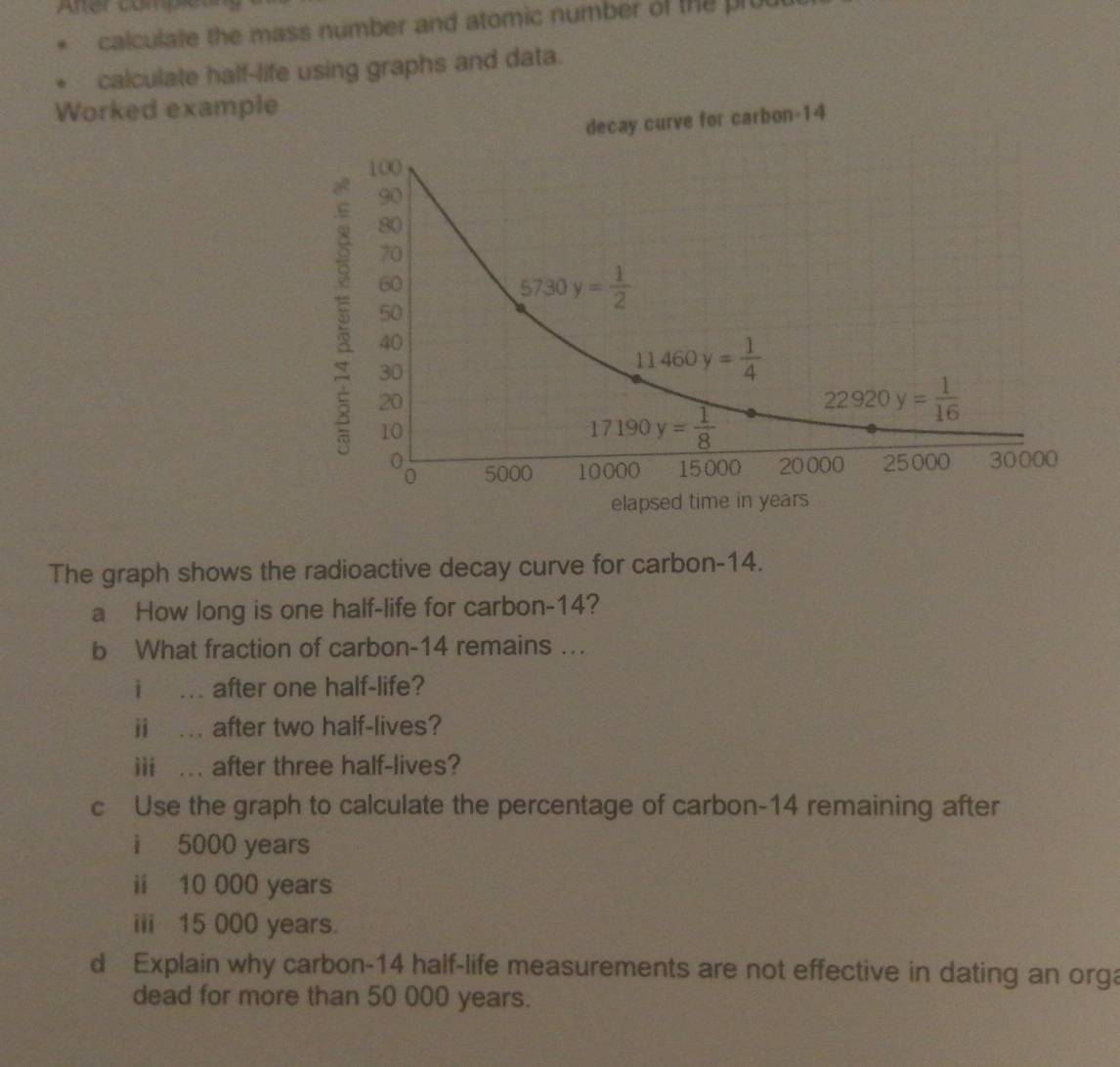 calculate the mass number and atomic number of the prou
calculate half-life using graphs and data.
Worked example
The graph shows the radioactive decay curve for carbon-14.
a How long is one half-life for carbon-14?
b What fraction of carbon-14 remains …
i .. after one half-life?
ii ... after two half-lives?
iii ... after three half-lives?
c Use the graph to calculate the percentage of carbon-14 remaining after
i 5000 years
ii 10 000 years
iii 15 000 years.
d Explain why carbon-14 half-life measurements are not effective in dating an orga
dead for more than 50 000 years.