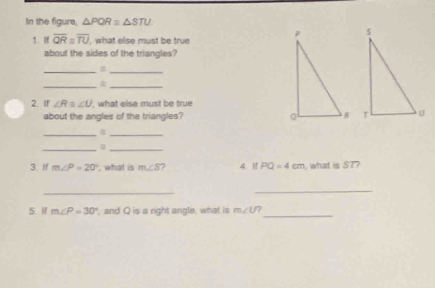 In the figure, △ PQR≌ △ STU
1. If overline QRequiv overline TU , what else must be true 
about the sides of the triangles? 
__g 
__ 
& 
2. If ∠ R≌ ∠ U , what else must be true 
about the angles of the triangles? 
__φ 
__ 
3. If m∠ P=20° , what is m∠ S 7 4. I! PQ=4cm what is ST? 
_ 
_ 
_ 
5. If m∠ P=30° ', and Q is a right angle, what is m∠ U?