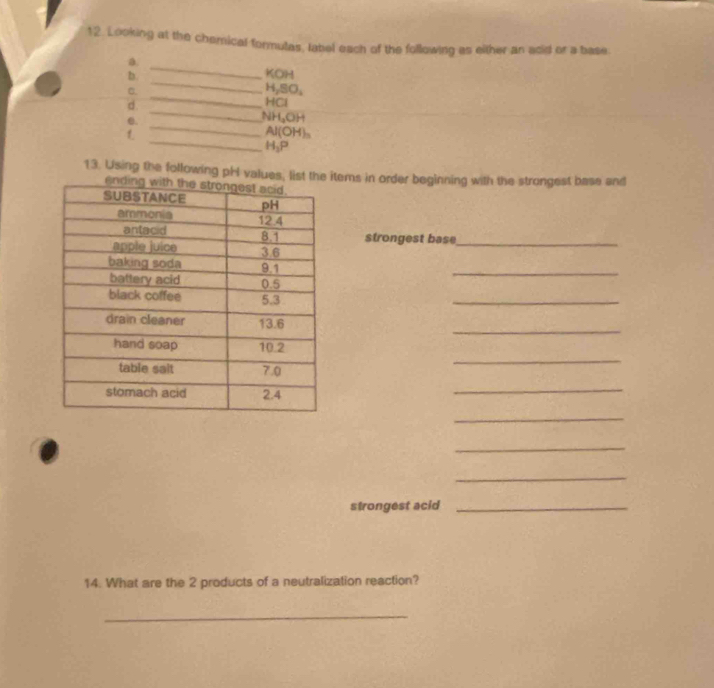 Looking at the chemical formutas, label each of the following as either an acid or a base 
_ 
a 
_ 
b. KOH 
C. 
_ 
d . _ H_2SO_4
HCI 
0.
NH_4OH
_ 

_
Al(OH)_3
H_3P
13. Using the following pH valutems in order beginning with the strongest base and 
strongest base_ 
_ 
_ 
_ 
_ 
_ 
_ 
_ 
_ 
strongest acid_ 
14. What are the 2 products of a neutralization reaction? 
_