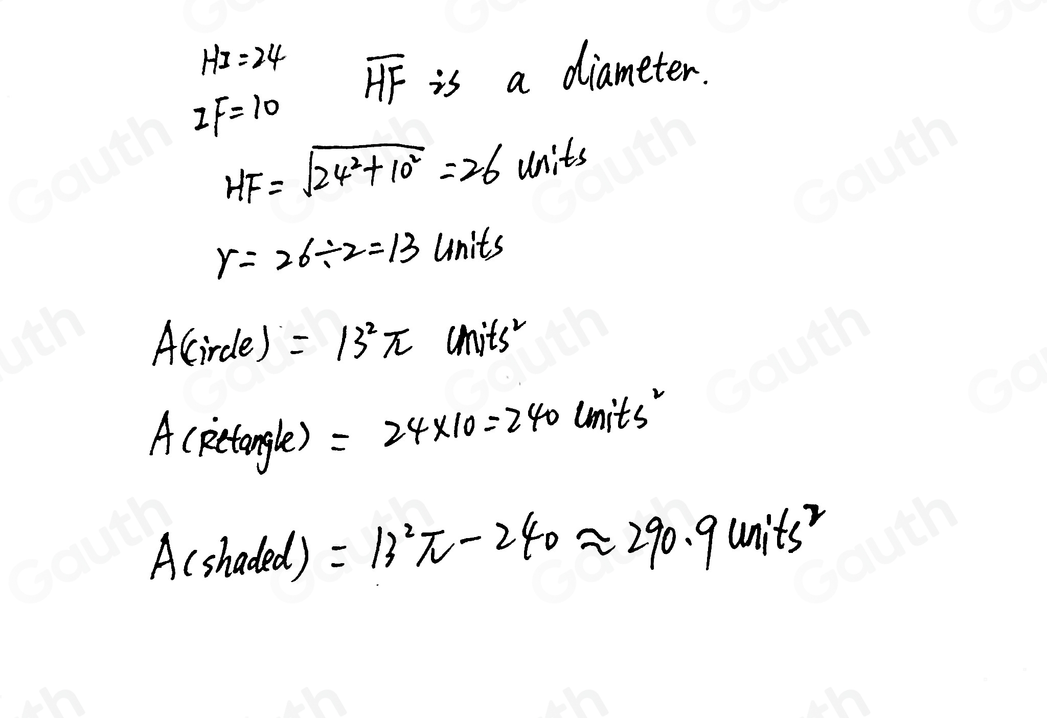 Solved: Rectangle FGHI is inscribed in circle J. Find the area of the ...