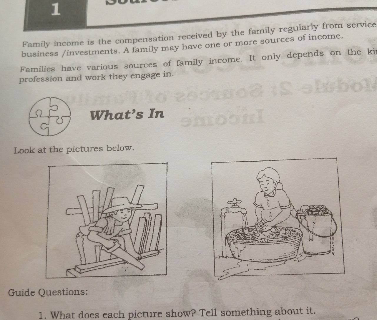 Family income is the compensation received by the family regularly from service 
business /investments. A family may have one or more sources of income. 
Families have various sources of family income. It only depends on the ki 
profession and work they engage in. 
What’s In 
Look at the pictures below. 
Guide Questions: 
1. What does each picture show? Tell something about it.