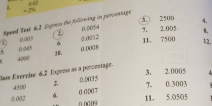 0.02
= 2%
3. 2500 4. 
Speed Test 6.2 Express the following in percentage
0.0012 7. 2.005 8. 
1. 0.003 2. 0.0054
5. 0.045 6. 
11. 7500 12.
4000 10. 0.0008
lass Exercise 6.2 Express as a percentage.
4500 2. 0.0035 3. £2.0005 4 
7. 0.3003
0.002 6. 0.0007
0 0009 11. 5.0505