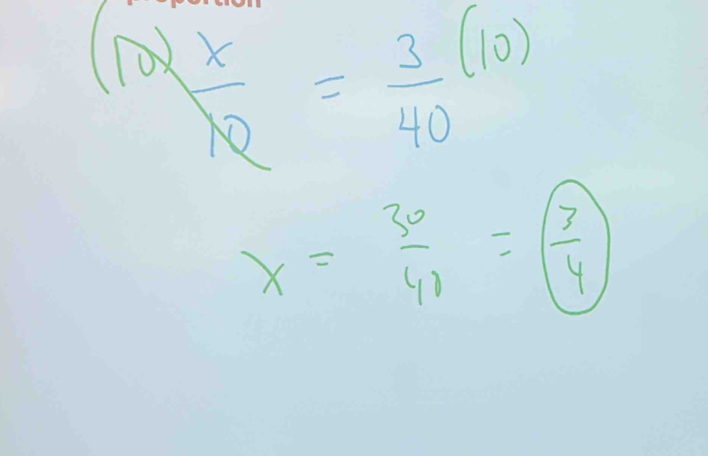 102xfrac x10= 3/40 (10)
x= 30/40 =( 3/4 