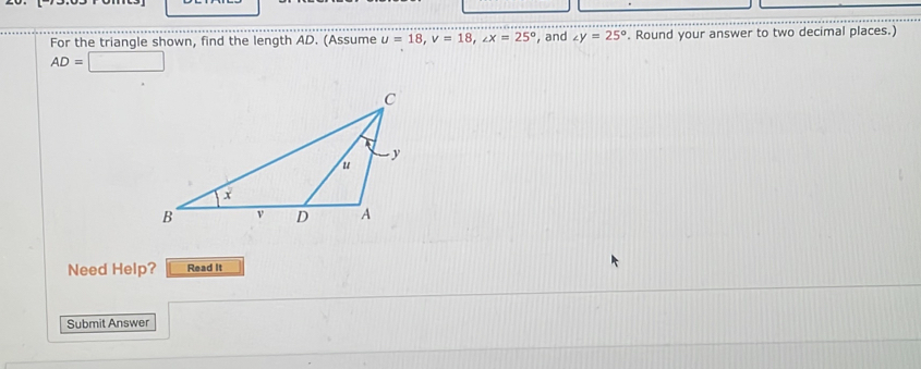Solved: For the triangle shown, find the length AD. (Assume u=18, v=18 ...