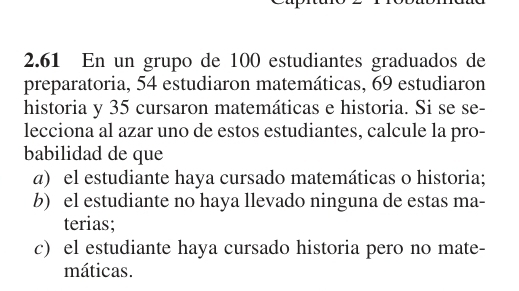 2.61 En un grupo de 100 estudiantes graduados de 
preparatoria, 54 estudiaron matemáticas, 69 estudiaron 
historia y 35 cursaron matemáticas e historia. Si se se- 
lecciona al azar uno de estos estudiantes, calcule la pro- 
babilidad de que 
a) el estudiante haya cursado matemáticas o historia; 
b) el estudiante no haya llevado ninguna de estas ma- 
terias; 
c) el estudiante haya cursado historia pero no mate- 
máticas.