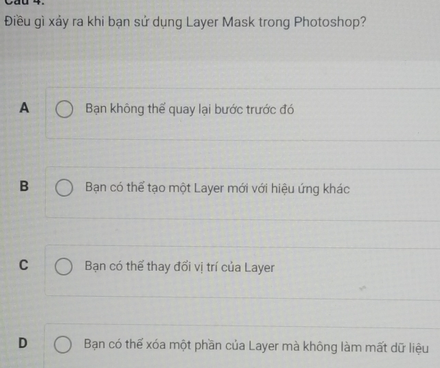 Điều gì xảy ra khi bạn sử dụng Layer Mask trong Photoshop?
A Bạn không thể quay lại bước trước đó
B Bạn có thể tạo một Layer mới với hiệu ứng khác
C Bạn có thể thay đổi vị trí của Layer
D Bạn có thể xóa một phần của Layer mà không làm mất dữ liệu