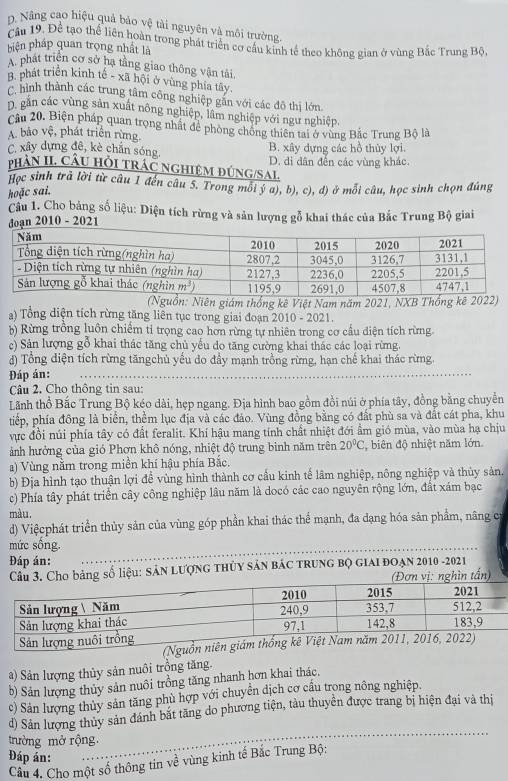 D. Nâng cao hiệu quả bảo vệ tài nguyên và môi trường.
Câu 19. Để tạo thể liên hoàn trong phát triển cơ cầu kinh tế theo không gian ở vùng Bắc Trung Bộ,
phiện pháp quan trọng nhất là
A phát triển cơ sở hạ tằng giao thông vận tải,
B. phát triển kinh tế - xã hội ở vùng phía tây
C hình thành các trung tâm công nghiệp găn với các đô thị lớn.
D. gân các vùng sản xuất nông nghiệp, lâm nghiệp với ngư nghiệp.
Cầâu 20. Biện pháp quan trọng nhất đề phòng chống thiên tai ở vùng Bắc Trung Bộ là
A. bão vhat c , phát triển rừng.
C. xây dựng đê, kè chắn sóng. B. xây dựng các hồ thủy lợi.
PHảN II. CÂU HỏI TRÁC NGHIệM ĐÚNG/SAL. D. di dân đến các vùng khác.
Học sinh trã lời từ câu 1 đến câu 5. Trong mỗi ý a), b), c), d) ở mỗi câu, học sinh chọn đúng
hoặc sai.
Cầu 1. Cho bảng số liệu: Diện tích rừng và sản lượng gỗ khai thác của Bắc Trung Bộ giai
đoạn 2010 - 2021
(Nguồn: Niên giám thống kê Việt Nam năm 2021, NXB Thống kê 2022)
a) Tổng diện tích rừng tăng liên tục trong giai đoạn 2010 - 2021.
b) Rừng trồng luôn chiếm tỉ trọng cao hơn rừng tự nhiên trong cơ cầu điện tích rừng
c) Sản lượng gỗ khai thác tăng chủ yếu do tăng cường khai thác các loại rừng.
d) Tổng diện tích rừng tăngchủ yếu do đầy mạnh trồng rừng, hạn chế khai thác rừng.
Đáp án:_
Câu 2. Cho thông tin sau:
Lãnh thổ Bắc Trung Bộ kéo dài, hẹp ngang. Địa hình bao gồm đồi núi ở phía tây, đồng bằng chuyển
tiếp, phía đồng là biển, thểm lục địa và các đảo. Vùng đồng bằng có đất phù sa và đất cát pha, khu
vực đồi núi phía tây có đất feralit. Khí hậu mang tính chất nhiệt đới ẩm gió mùa, vào mùa hạ chịu
ảnh hưởng của gió Phơn khô nóng, nhiệt độ trung bình năm trên 20°C , biên độ nhiệt năm lớn.
a) Vùng nằm trong miền khí hậu phía Bắc.
b) Địa hình tạo thuận lợi đề vùng hình thành cơ cầu kinh tế lâm nghiệp, nông nghiệp và thủy sản.
c) Phía tây phát triển cây công nghiệp lâu năm là docó các cao nguyên rộng lớn, đất xám bạc
màu,
d) Việcphát triển thủy sản của vùng góp phần khai thác thể mạnh, đa dạng hóa sản phẩm, nâng có
mức sống.
Đáp án:
. Cho bảng số liệu: SảN LƯợNG tHỦY Sản BáC TRUNG BQ GIAI ĐOẠN 2010 -2021
(Đơn vị: nghìn tấn)
a) Sản lượng thủy sản nuôi trồng tăng
b) Sản lượng thủy sản nuôi trồng tăng nhanh hơn khai thác.
c) Sản lượng thủy sản tăng phù hợp với chuyển dịch cơ cầu trong nông nghiệp,
_
d) Sản lượng thủy sản đánh bắt tăng do phương tiện, tàu thuyền được trang bị hiện đại và thị
trường mở rộng.
Đáp án:
Câu 4. Cho một số thông tin về vùng kinh tế Bắc Trung Bộ: