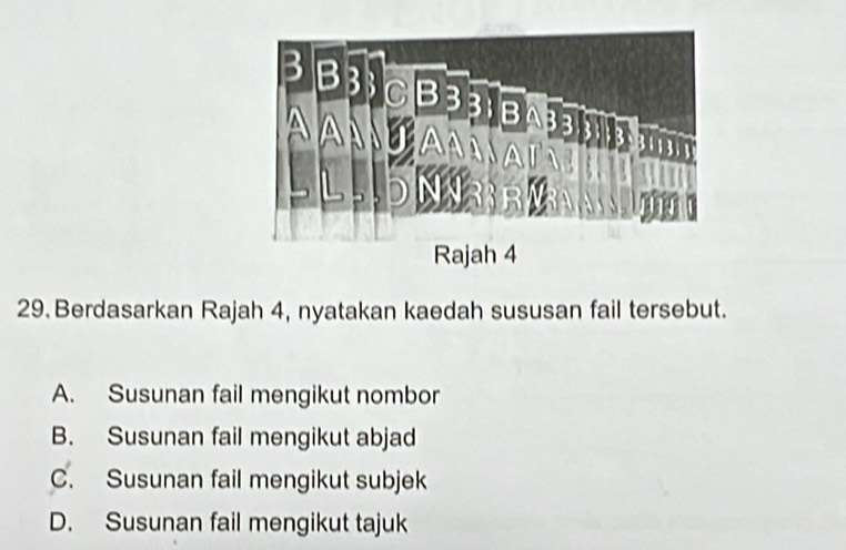 Rajah 4
29. Berdasarkan Rajah 4, nyatakan kaedah sususan fail tersebut.
A. Susunan fail mengikut nombor
B. Susunan fail mengikut abjad
C. Susunan fail mengikut subjek
D. Susunan fail mengikut tajuk