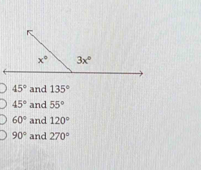 45° and 135°
45° and 55°
60° and 120°
90° and 270°