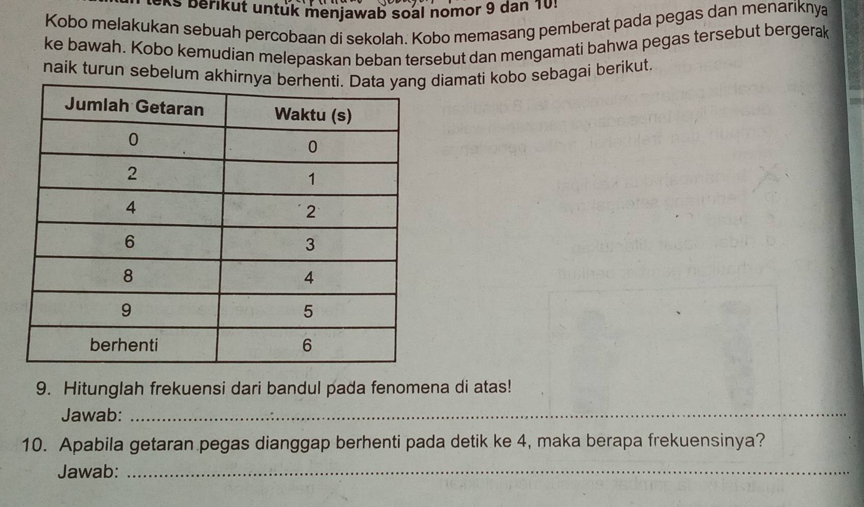 erikut untuk menjawab soal nomor 9 dan 10 : 
Kobo melakukan sebuah percobaan di sekolah. Kobo memasang pemberat pada pegas dan menariknya 
ke bawah. Kobo kemudian melepaskan beban tersebut dan mengamati bahwa pegas tersebut bergerak 
naik turun sebelum akhirdiamati kobo sebagai berikut. 
9. Hitunglah frekuensi dari bandul pada fenomena di atas! 
Jawab:_ 
10. Apabila getaran pegas dianggap berhenti pada detik ke 4, maka berapa frekuensinya? 
Jawab:_