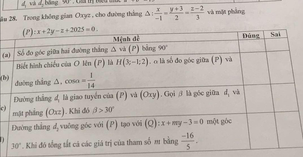 d_1 và d_2 bǎng 90°. Gia trị biểu thức
âu 28. Trong không gian Oxyz , cho đường thắng △ : x/-1 = (y+3)/2 = (z-2)/3  và mặt phắng
(
(b
c)
D